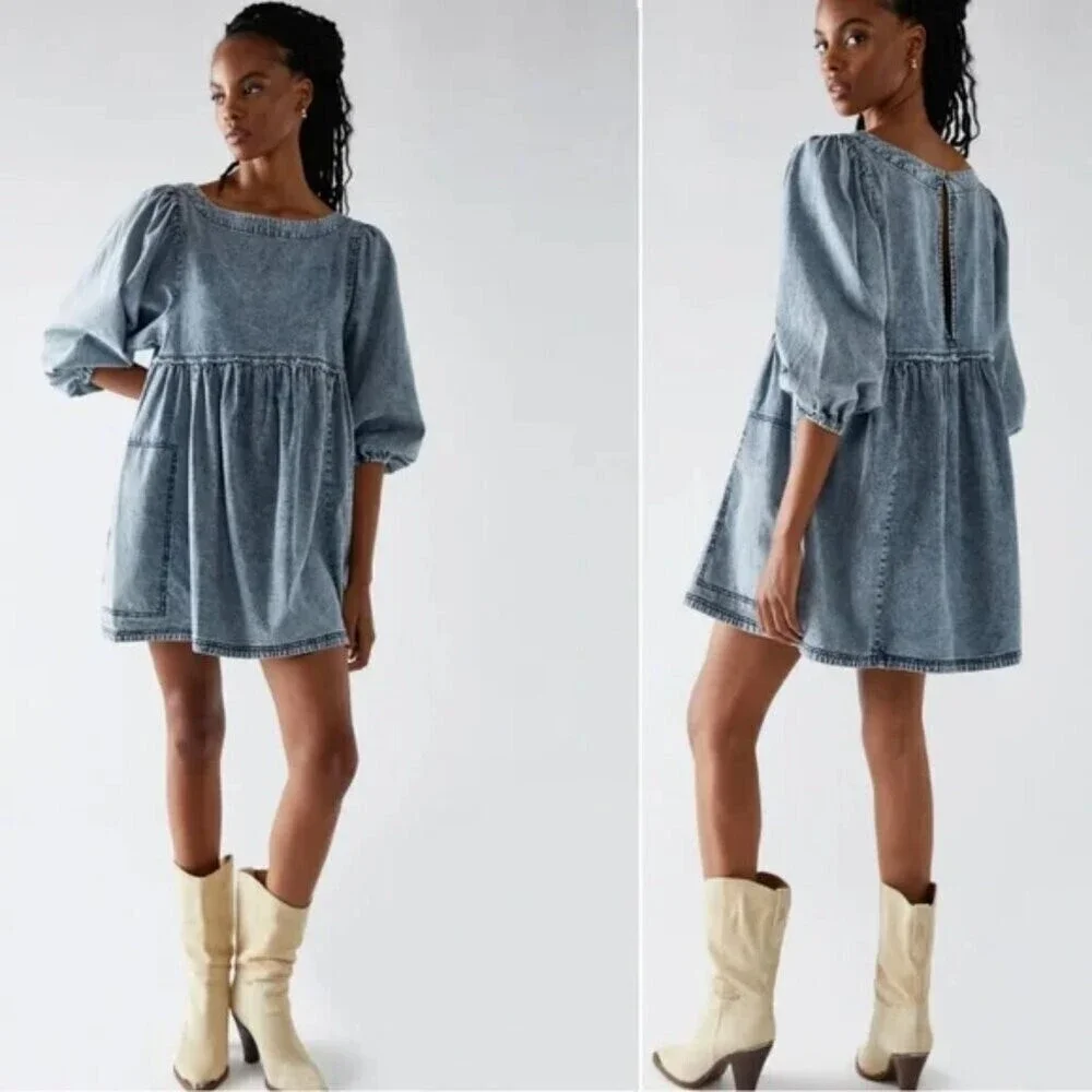 Free People Get Obsessed Cotton Denim Mini Dress Blue Size Small